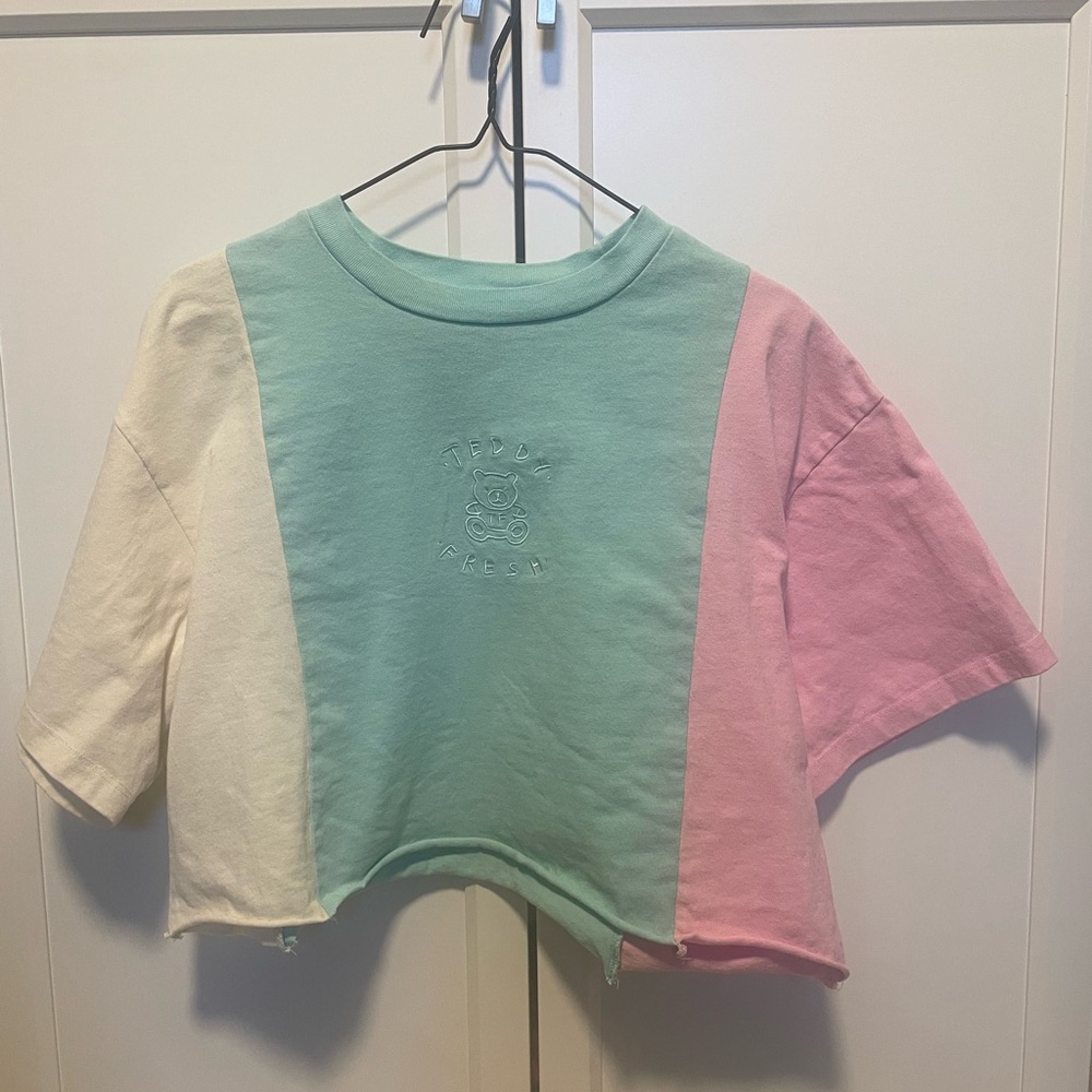 Teddy Fresh Unisex Tee T-Shirt Colorblock Cream Mint Pink Fair Condition L Crop